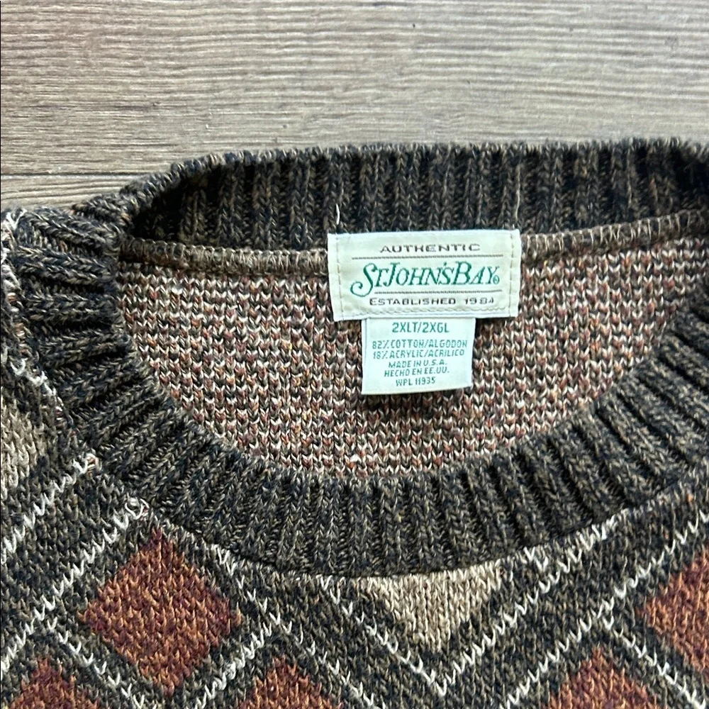 St. John's Bay Brown Cream & Rust Diamond Pattern Crewneck Sweater ! XXL